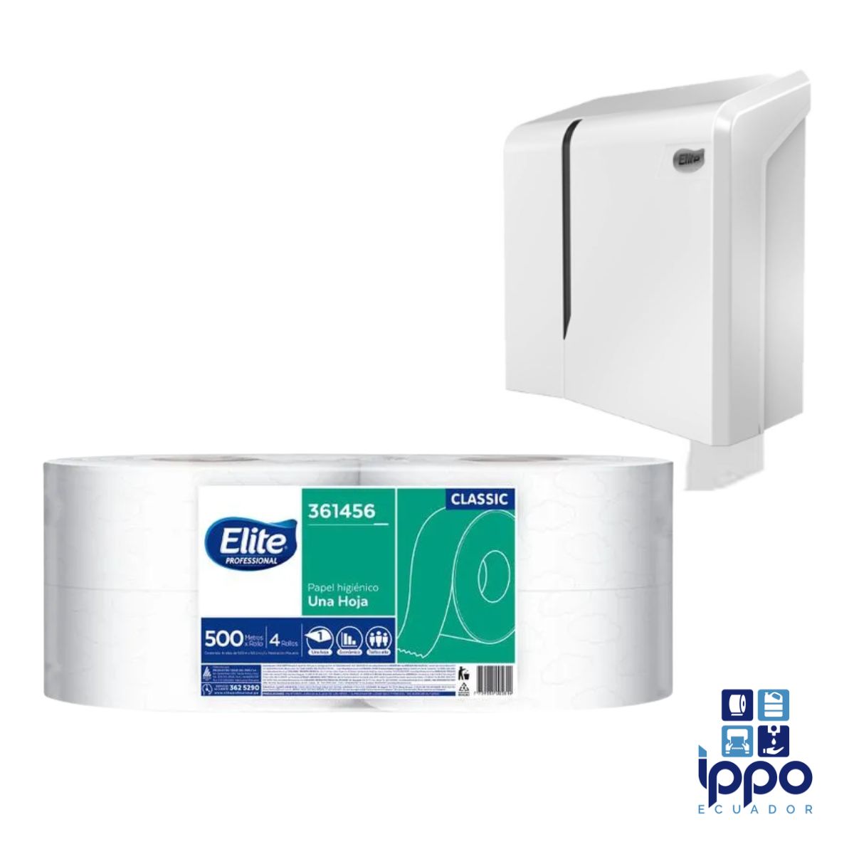 Papel higiénico institucional Elite 500 metros una hoja para dispensadores en baños de alto tráfico, disponible al por mayor en Ecuador