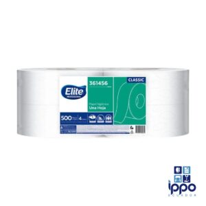 Papel higiénico institucional Elite 500 metros una hoja para dispensadores en baños de alto tráfico, disponible al por mayor en Ecuador
