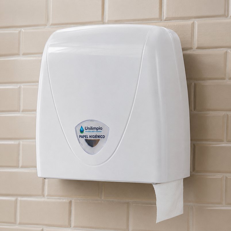 Dispensador de papel higiénico jumbo Unilimpio instalado en la pared de un baño