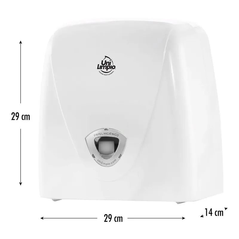 Medidas del dispensador de papel higiénico jumbo de plástico blanco Unilimpio