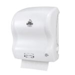 Dispensador de toalla de papel en rollo con autocorte, plástico blanco Unilimpio, para baños de alto tráfico