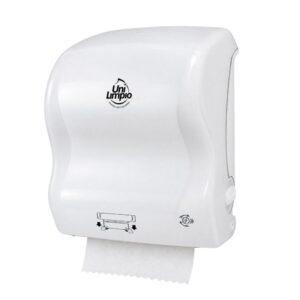 Dispensador de toalla de papel en rollo con autocorte, plástico blanco Unilimpio, para baños de alto tráfico