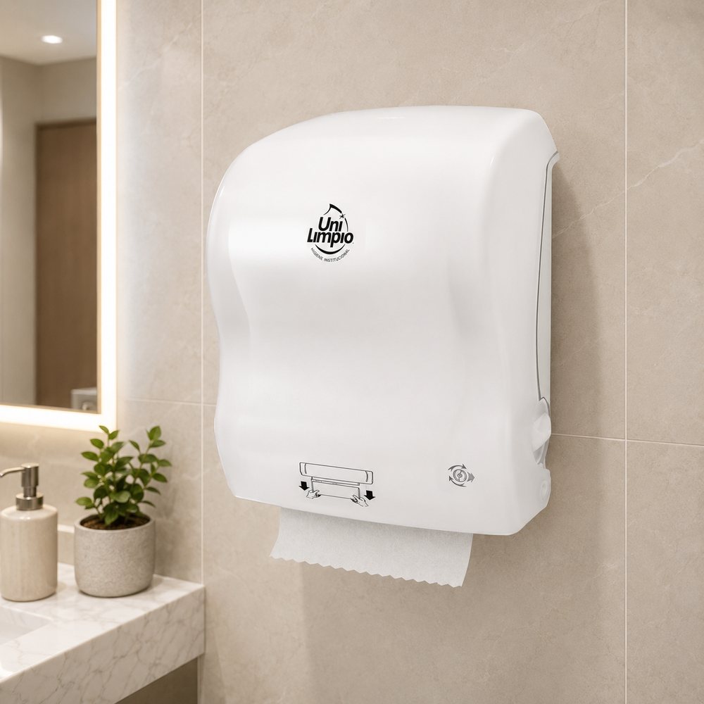 Dispensador de toalla en rollo con autocorte Unilimpio instalado en la pared de un baño institucional