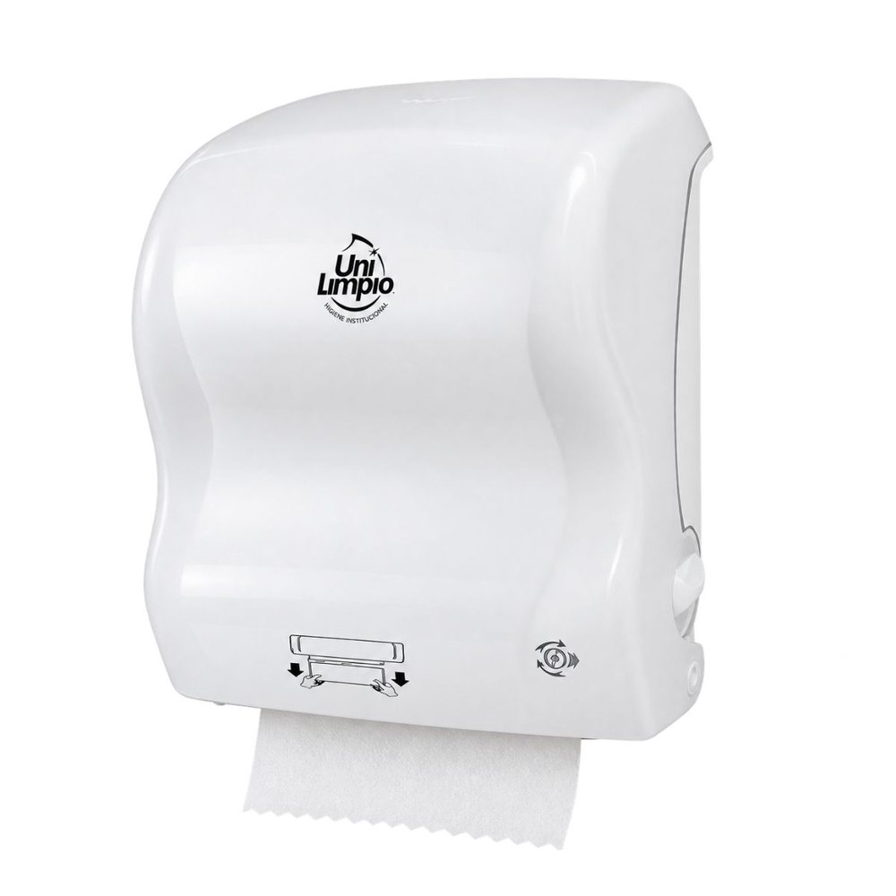 Dispensador de toalla de papel en rollo con autocorte, plástico blanco Unilimpio, para baños de alto tráfico