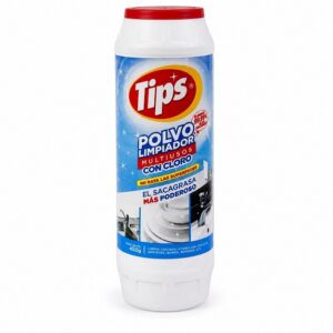 Envase de polvo limpiador clorado Tips de 450 gramos para limpieza de baños y superficies institucionales