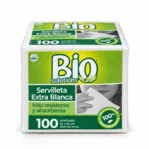 Paquete de 100 servilletas de papel Biosolutions extra blancas de 24x24 cm, biodegradables, para cafeterías y negocios