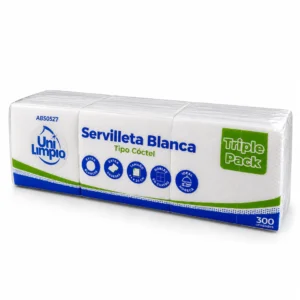 Paquete triple de 300 servilletas blancas tipo cóctel Unilimpio de 24x24 cm, dobladas en cuatro, para restaurantes y cafeterías