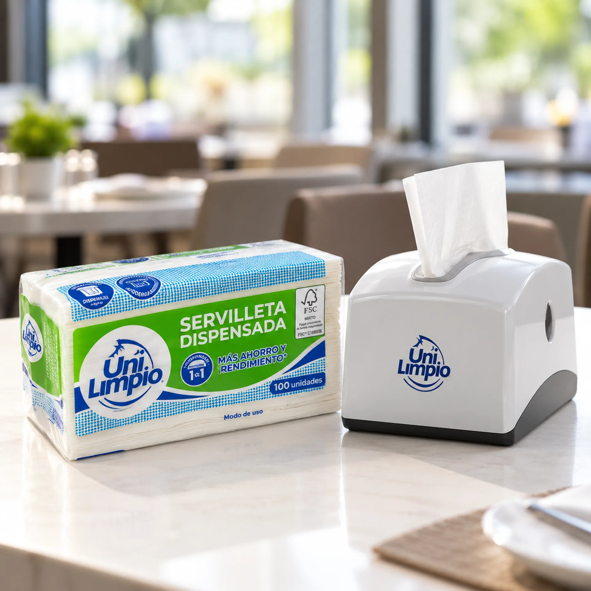 Servilletas dispensadas Unilimpio junto al dispensador de servilletas de mesa Unilimpio en un restaurante