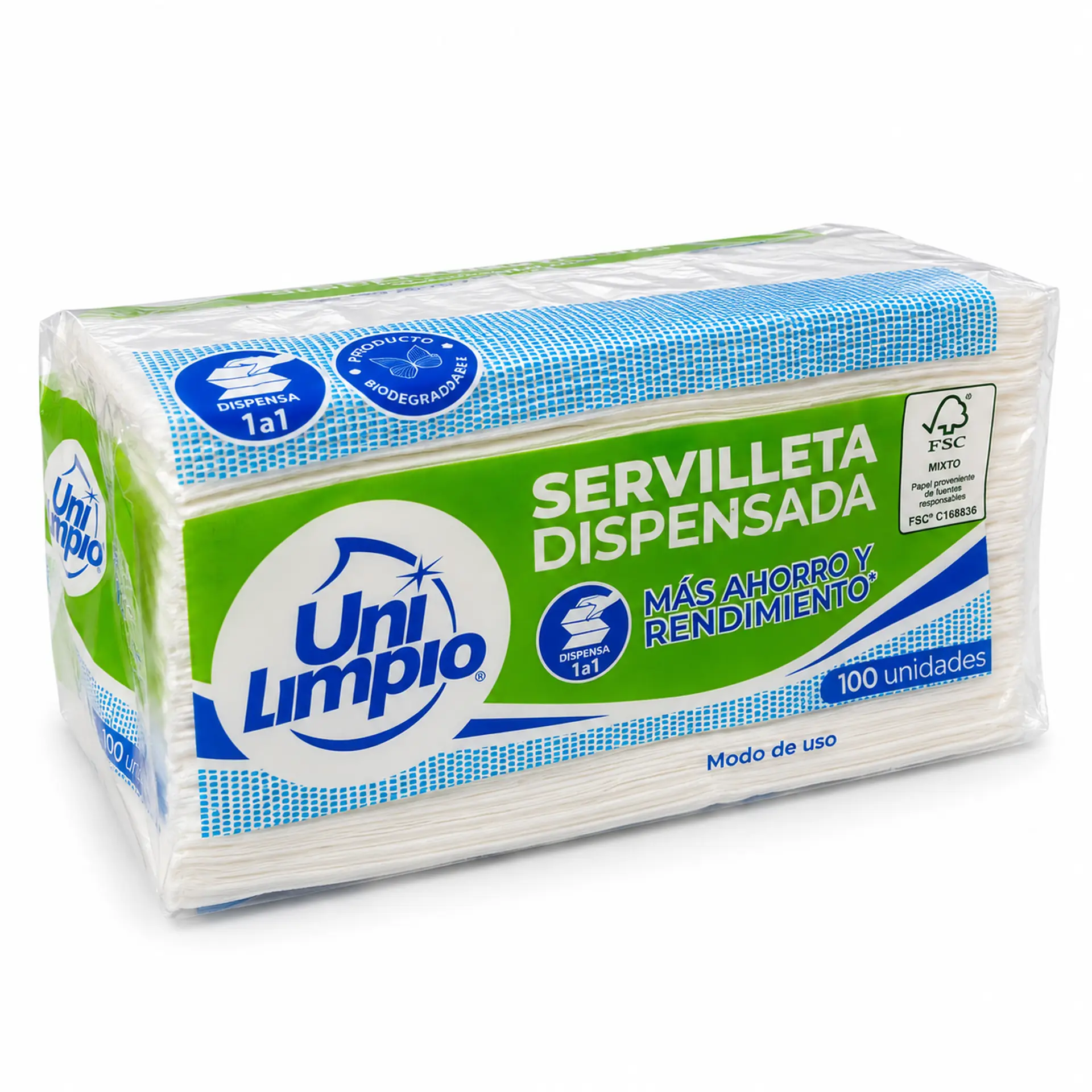 Paquete de 100 servilletas dispensadas Unilimpio tipo Z de hoja sencilla, dispensado 1 a 1, certificación FSC