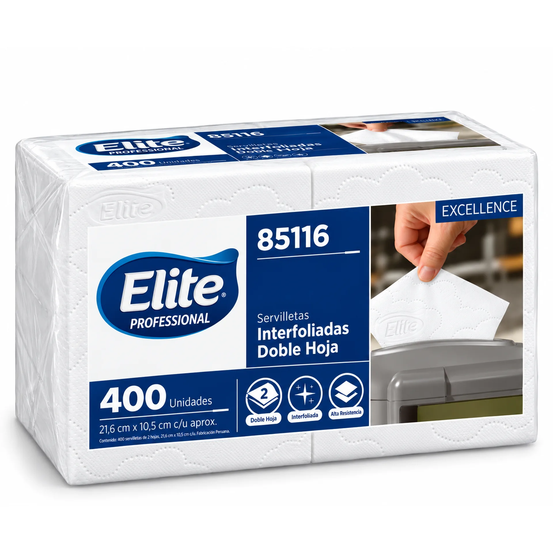Servilletas interfoliadas Elite Professional Excellence doble hoja extra blancas, paquete de 400