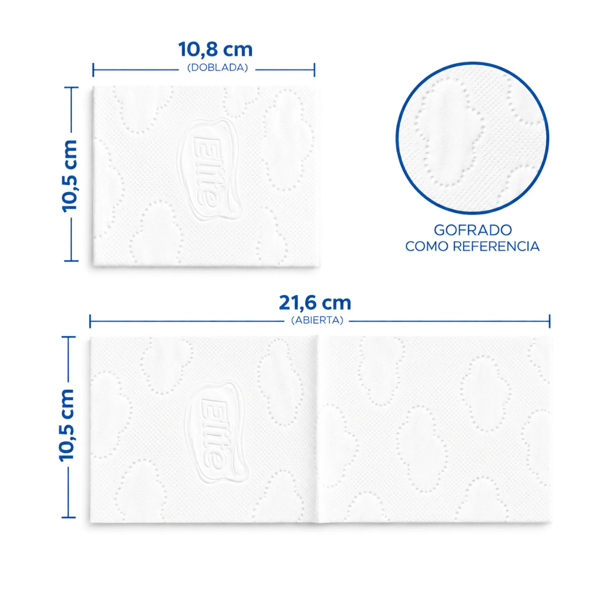 Medidas de la servilleta interfoliada Elite Excellence: 10,5 x 10,8 cm doblada y 10,5 x 21,6 cm abierta, gofrado Nubes Elite