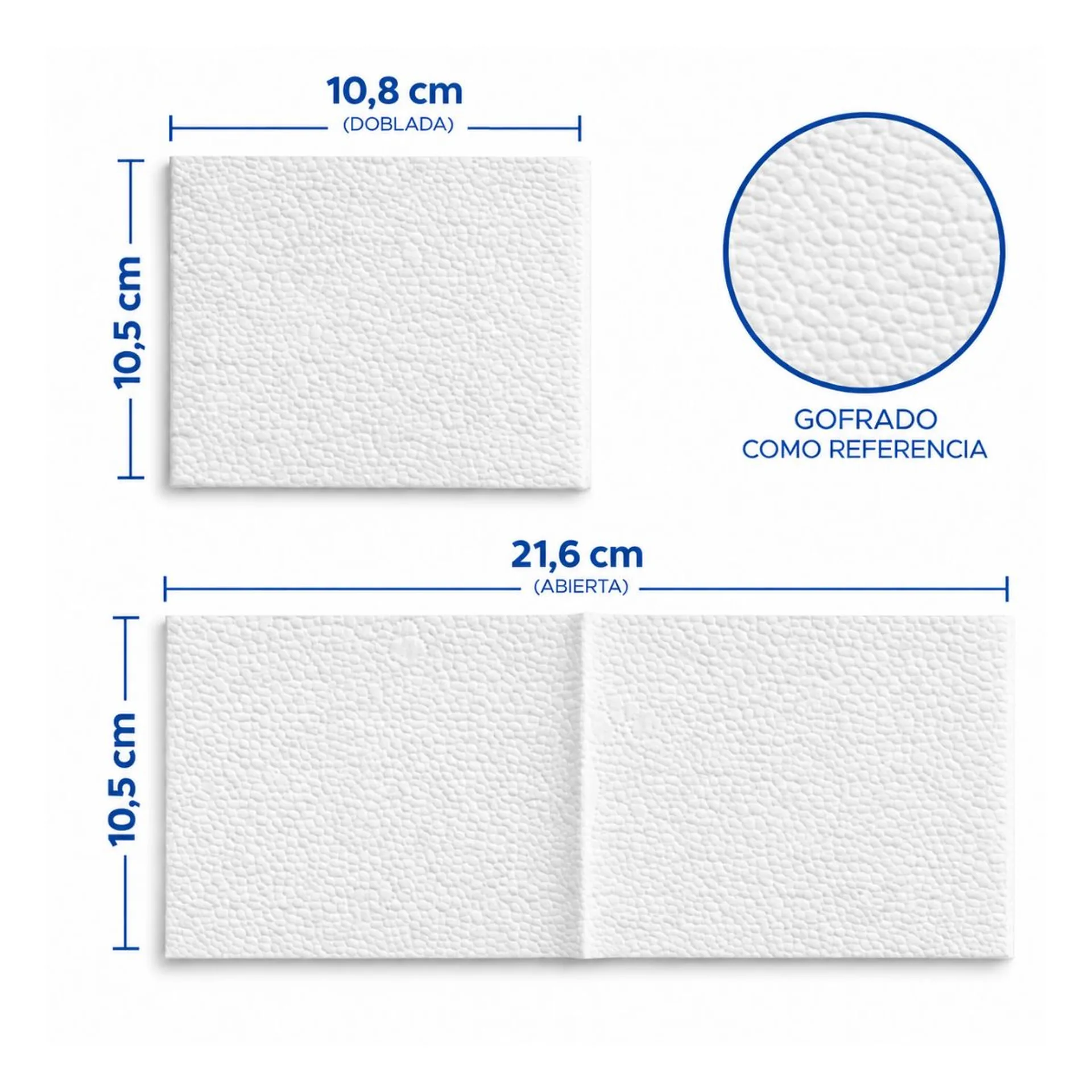 Medidas de la servilleta interfoliada Elite Classic: 10,5 x 10,8 cm doblada y 10,5 x 21,6 cm abierta, con gofrado
